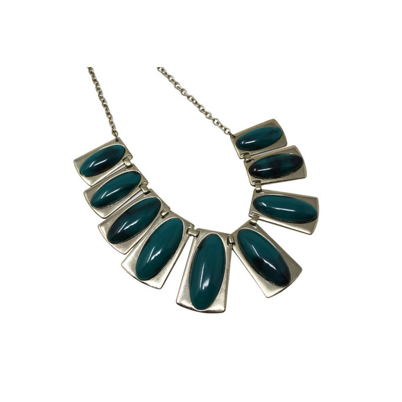 Vintage Mod Deco Silver and Green Medallion Statement Necklace 18" Long -Hey Viv - Picture 4 of 5